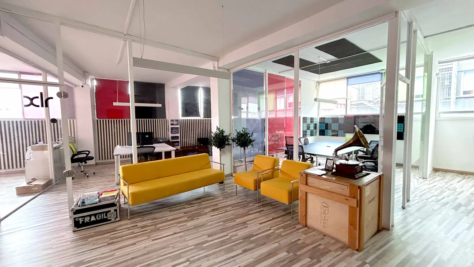 CREMA Studio chill-out area with yellow sofas and plants